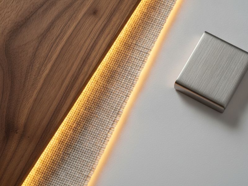 Close-up of walnut wood grain, oatmeal linen fabric, and steel hardware materials