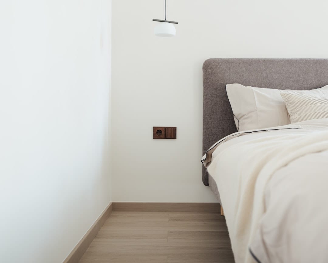 The Still Morning Bedroom with Bergen Bed Frame, Aalto Bedside Table, Lofoten Pendant and Koster Linen Set