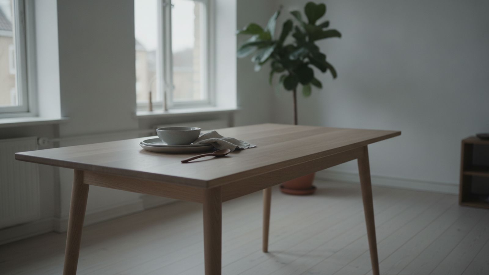 Nordframe minimalist dining table in a bright, lived-in home interior with warm natural light