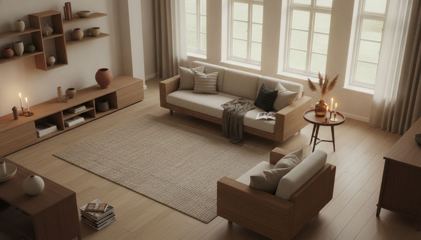 Bright Scandinavian-inspired living room with minimalist oak and walnut furniture